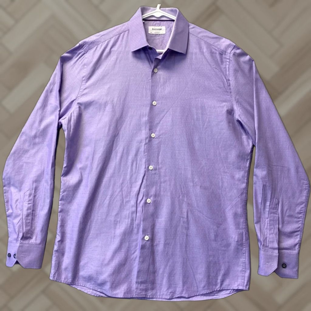 Vintage VINTAGE Duchamp London Men's Dress Shirt Long Sleeve Slim Fit Light Purple Cotton Size L, London Theme Size US L / EU 52-54 / 3 - 1 Thumbnail