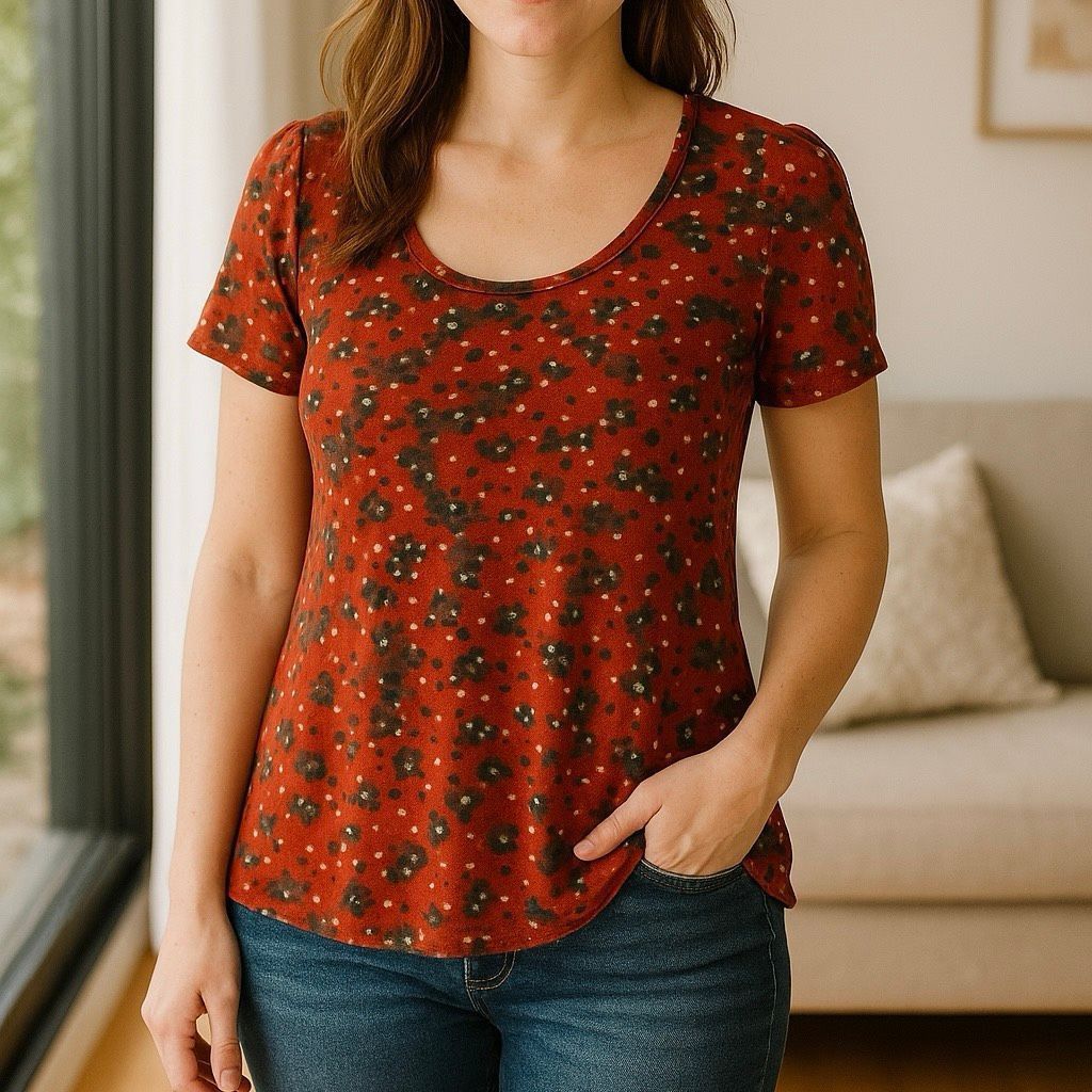 Other LuLaRoe Red Green Floral Print Scoop Neck Short Sleeve Top W Size XS / US 0-2 / IT 36-38 - 3 Thumbnail