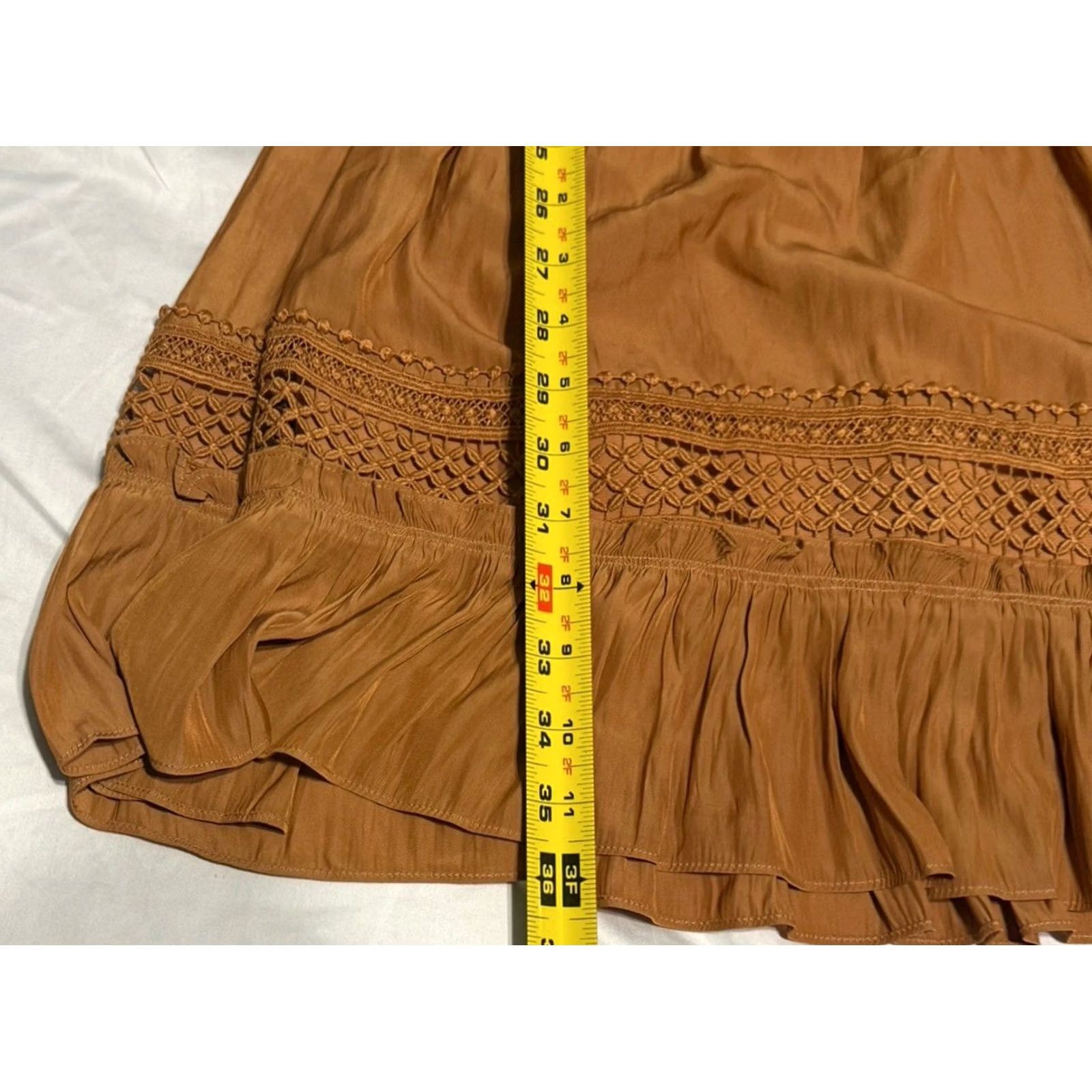 Ramy Brook Ramy Brook Dress CARA Mini Silky Satin Light Cognac Brown M Sleeveless V-Neck Ruched Embroidered Crochet A-Line Shift Floral Lined Size M / US 6-8 / IT 42-44 - 4 Thumbnail