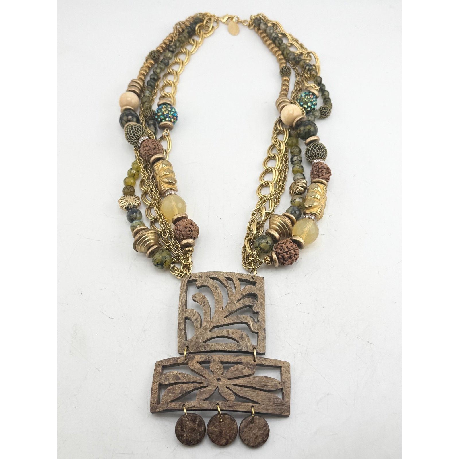 Vintage Vintage multi strand green glass beaded bamboo wood pendant Size ONE SIZE - 4 Thumbnail