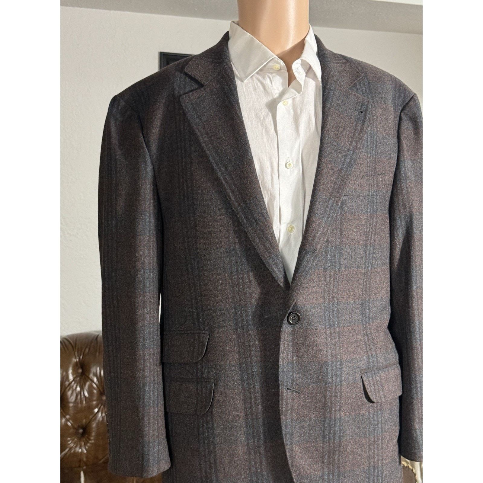 Brunello Cucinelli Brunello Cucinelli Burgundy Blue Flannel Plaid Blazer 44R Size 44R - 3 Thumbnail