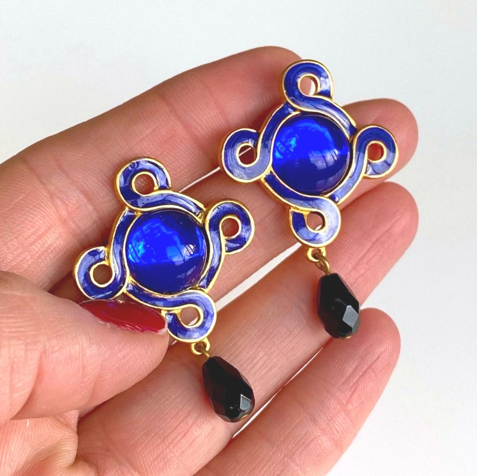 Vintage Chico’s Blue Enamel & Glass Cabochon Drop Earrings Gold Tone Size ONE SIZE - 1 Thumbnail