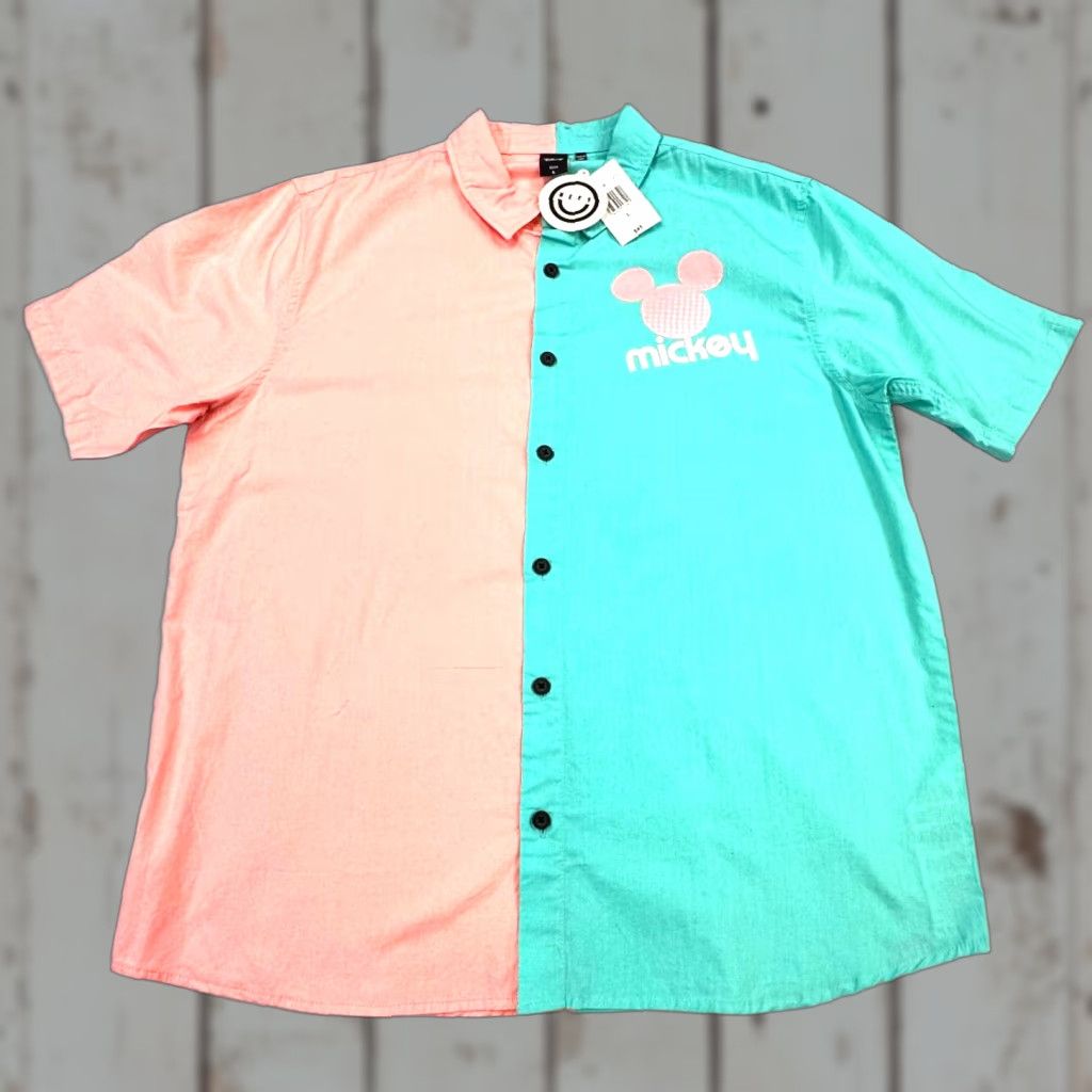 Disney Disney Neff Mickey Button-Down Short Sleeve Colorblock Shirt Mens L Pink Teal Aqua Multicolor 90s Theme Usa Cartoon Casual Hawaii Size US 33 - 1 Thumbnail