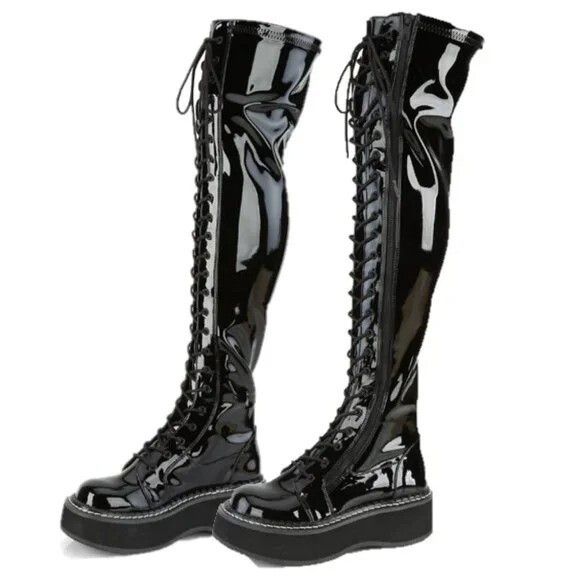 Demonia Cult DEMONIA Emily 375 Black Patent Lace Up 2" Platform Goth Punk Size US 7 / IT 37 - 1 Thumbnail