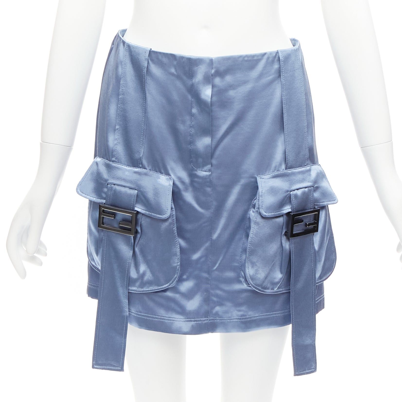 Fendi FENDI 2023 Runway Baguette blue satin FF buckle cargo pocket skirt IT38 XS Size 26" / US 2 / IT 38 - 1 Thumbnail
