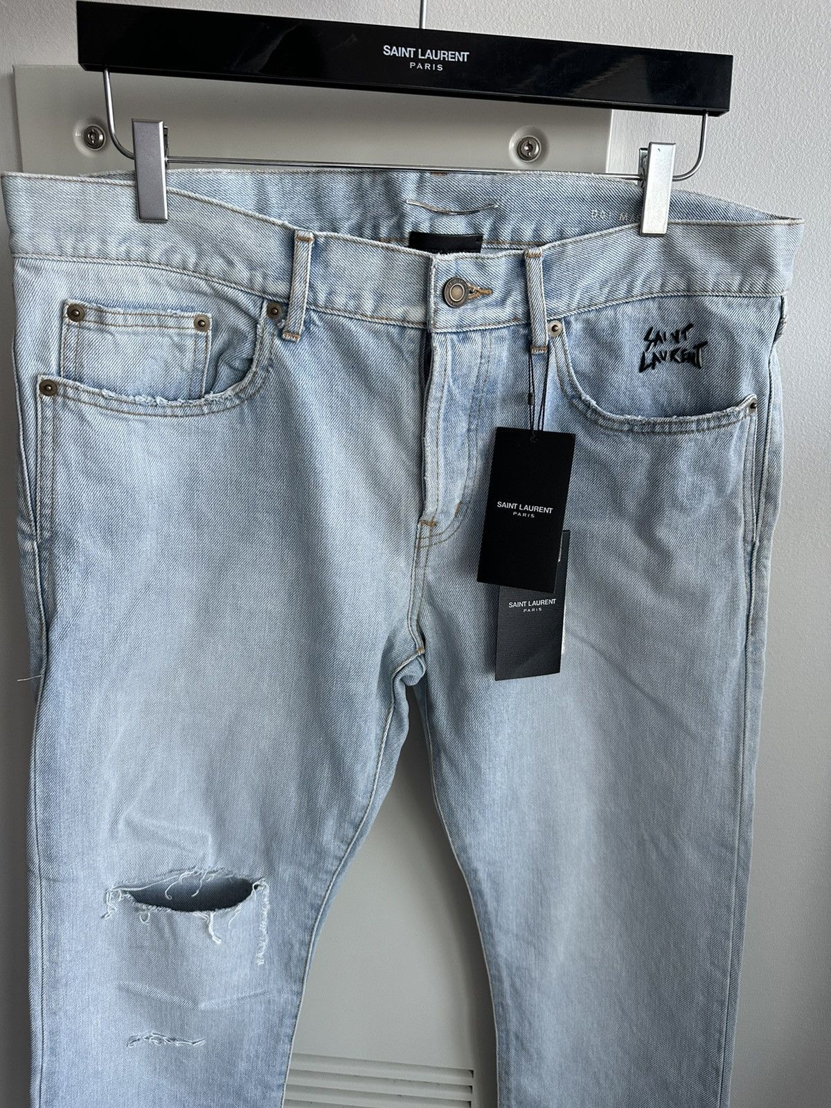 Saint Laurent Paris SLP Super Rare Brand New Trashed Ripped Skinny Denim Jeans Size US 33 - 9 Thumbnail