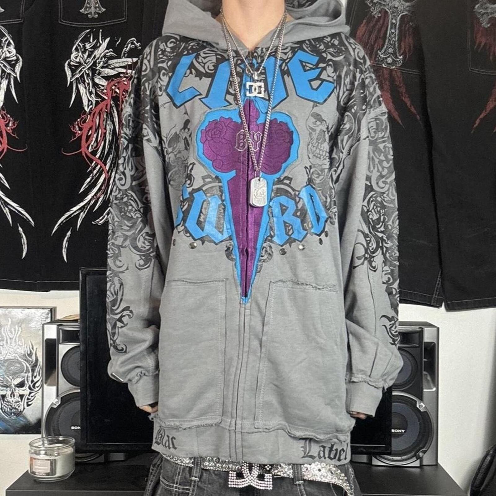 Affliction Blac Label Y2K Zip Up 2000s Baggy Hoodie Size US XXL / EU 58 / 5 - 1 Thumbnail