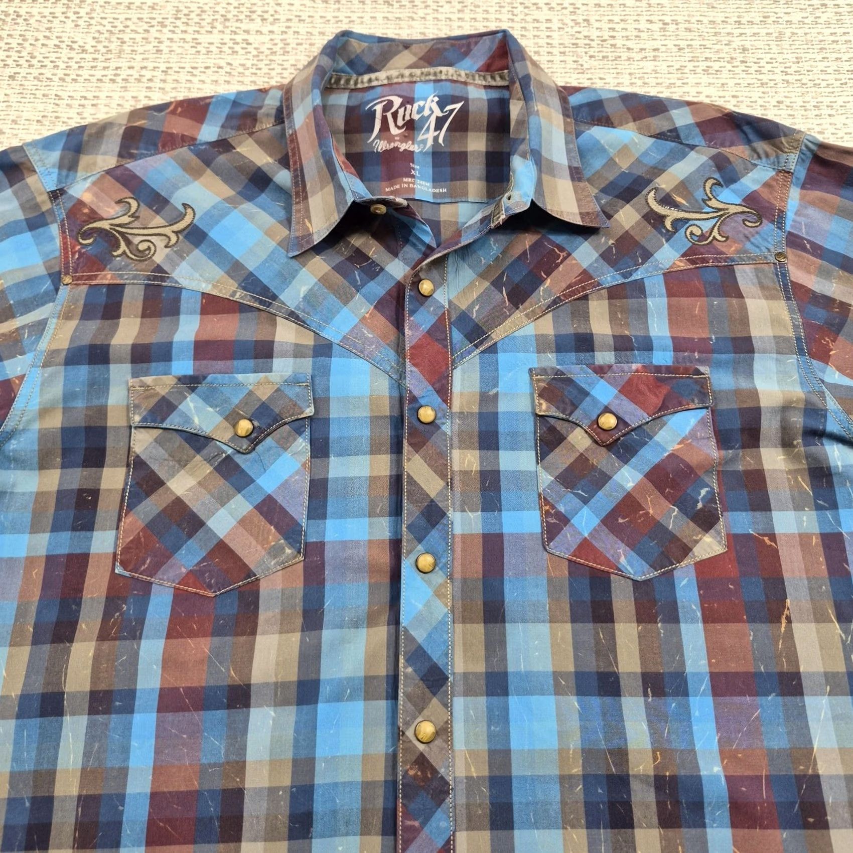 47 Rock 47 Wrangler Shirt Mens XL Blue Plaid Long Sleeve Western Snap Embroidered Size US XL / EU 56 / 4 - 5 Thumbnail