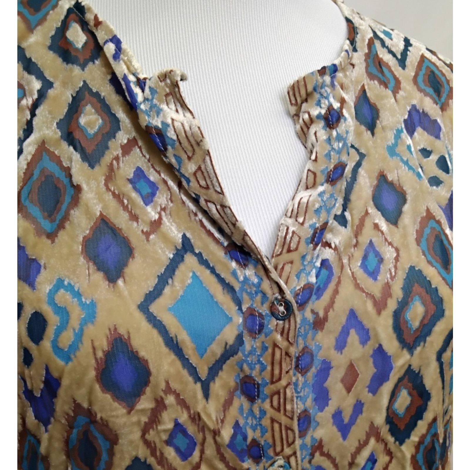Johnny Was Johnny Was Velvet and Mesh Blouse Top Women's S Tan Blue Size S / US 4 / IT 40 - 4 Thumbnail