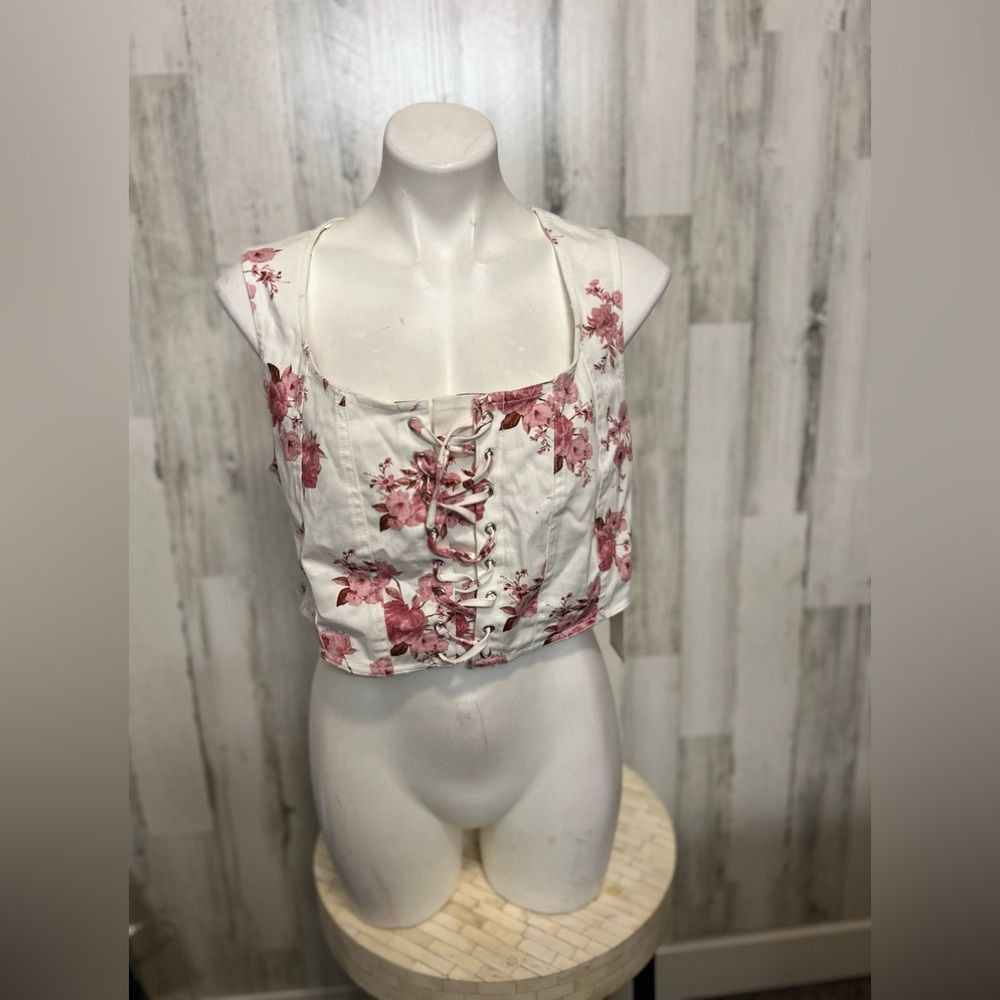 Other Blashe Floral Lace-Up Corset Crop Top XL White Pink Sleevele Size XL / US 12-14 / IT 48-50 - 1 Thumbnail