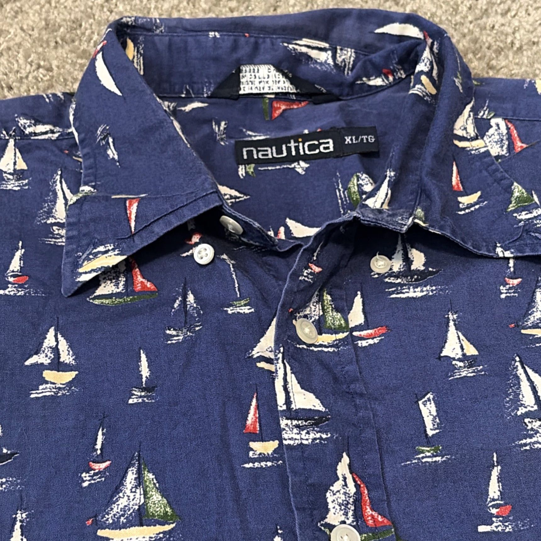 Nautica VINTAGE Nautica Sailboat All Over Print Button Up Shirt Navy Blue XL 90s USA Shirt Mens Short Sleeve Regular Size US XL / EU 56 / 4 - 3 Thumbnail