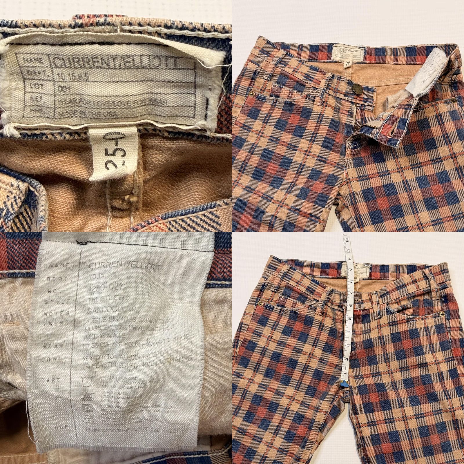 Vintage Current/Elliott The Stiletto Jeans Womens 25 Tan Plaid Skinny Ankle Stretch Size 42" / US 20 - 8 Thumbnail