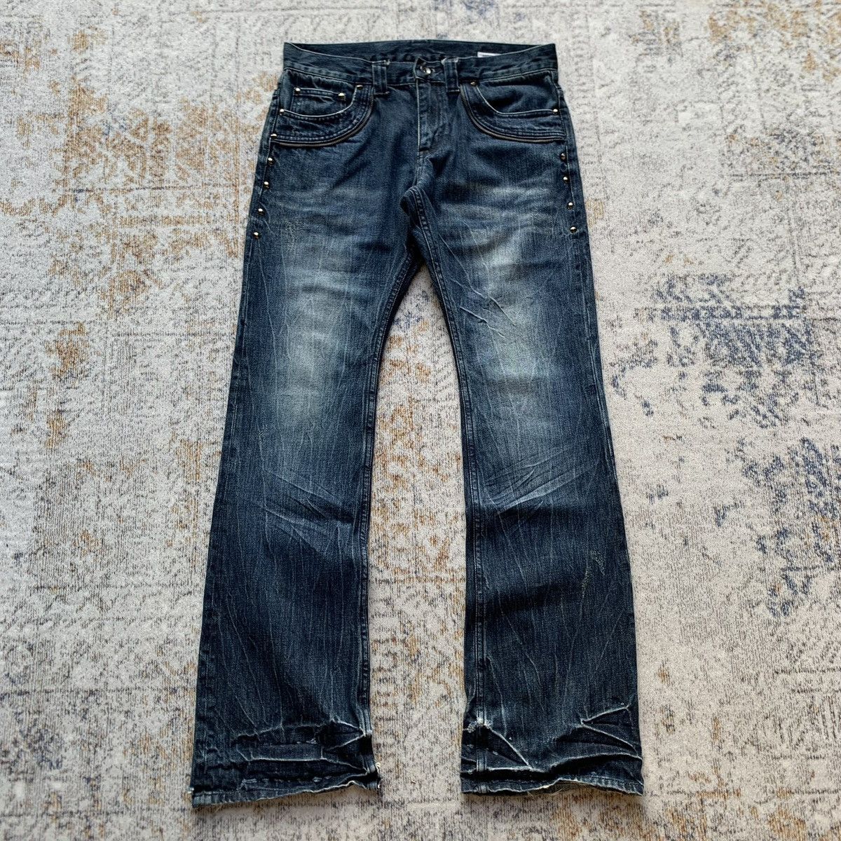 Japanese Brand Semantic Studded Punk Blue Wash Flared Jeans
