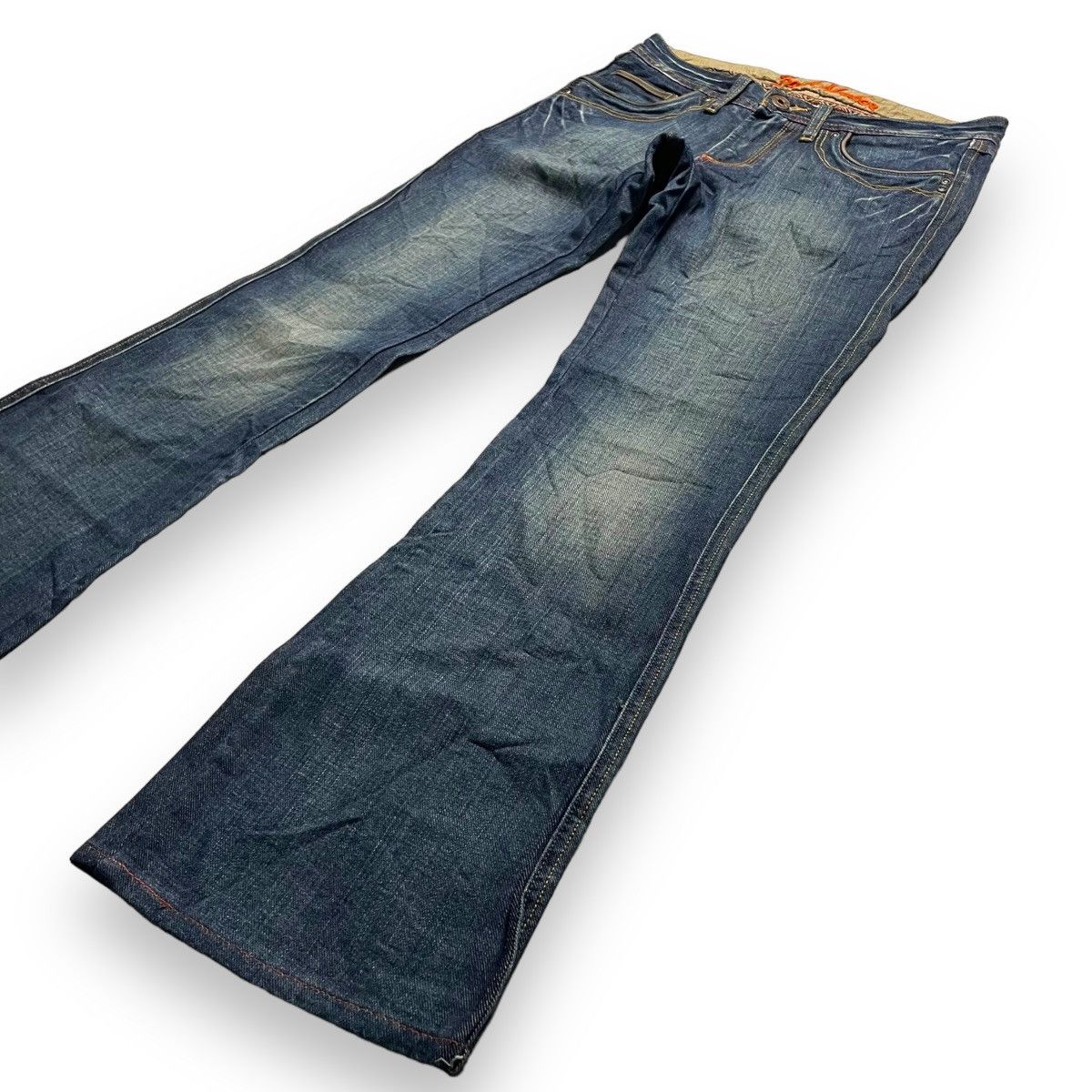 Le Grande Bleu (L.G.B.) 🇯🇵 SUPER FLARE BACK NUMBER WASHED DENIM PANTS Size US 30 / EU 46 - 6 Thumbnail