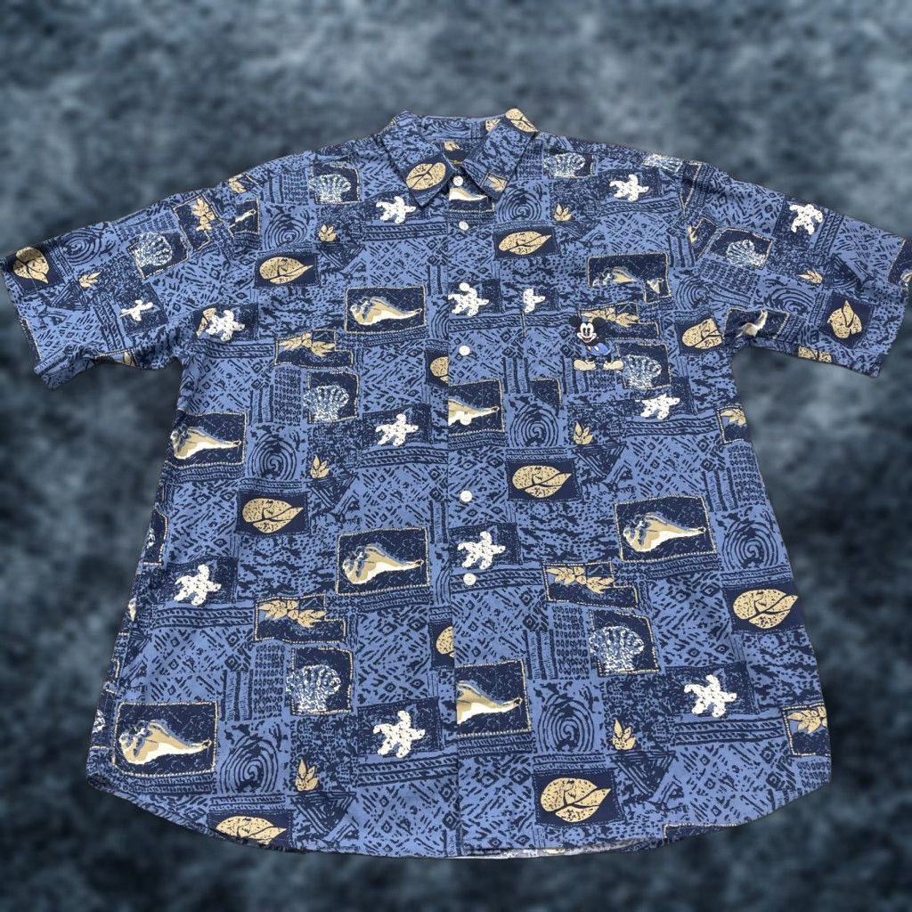 Disney VINTAGE Disney Shirt Mens Large Blue Sea Shell Mickey Mouse Cruise Hawaiian 90s Size US L / EU 52-54 / 3 - 1 Thumbnail