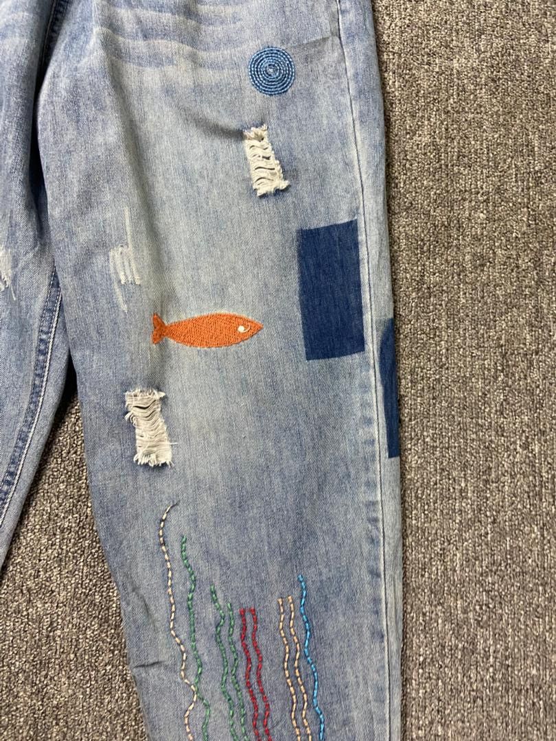 Japanese Brand K.Three Brand Retro Fish Embroidery Jeans (197) Size US 26 / EU 42 - 12 Thumbnail