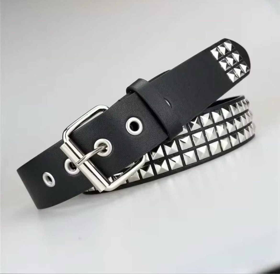 Leather 110cm Rivet Pyramid Studded PU Leather Belt Size ONE SIZE - 4 Thumbnail