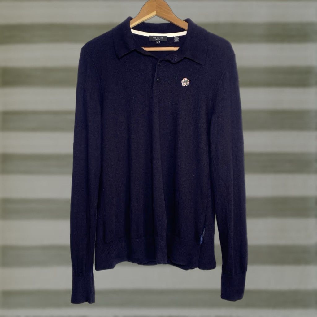 Ted Baker Ted Baker London Men's Collared Sweater 100% Wool Navy L Pullover Slim Knit Size US L / EU 52-54 / 3 - 1 Thumbnail
