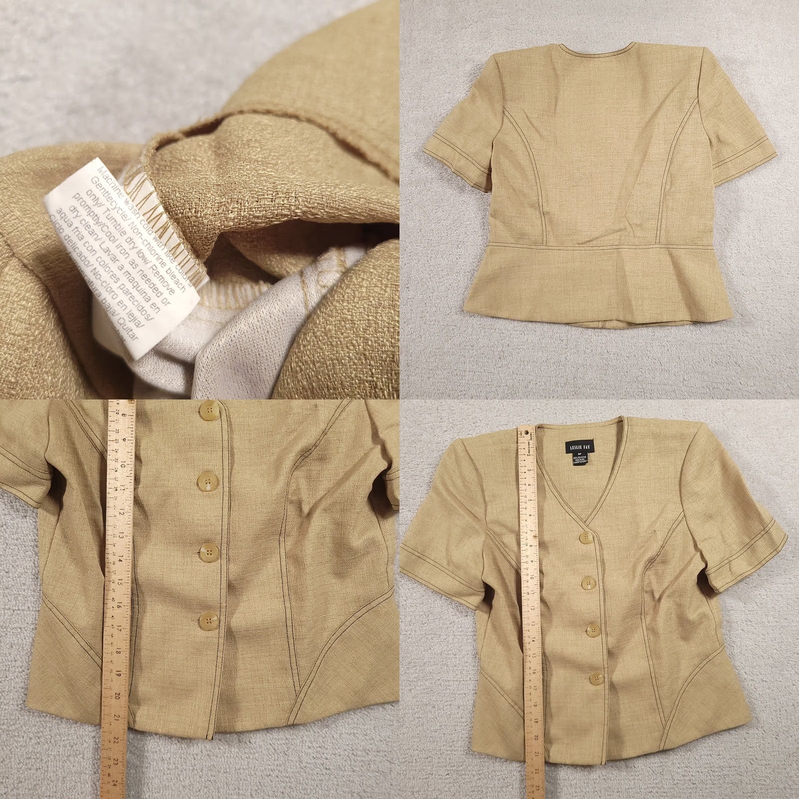 Vintage Leslie Fay Blouse Womens 8P Beige Short Sleeve Button Front Fitted Top Made USA Size M / US 6-8 / IT 42-44 - 8 Thumbnail