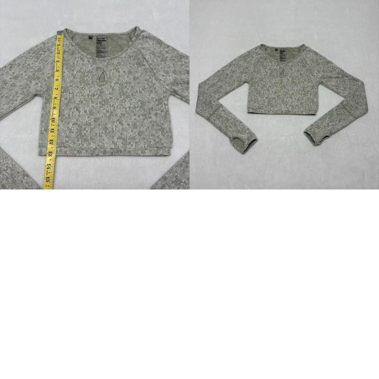 Gymshark Gymshark Top Womens XS Green Long Sleeve Crop Keyhole Neck Khaki Marl Thumbhole Fleur Texture Size XS / US 0-2 / IT 36-38 - 8 Thumbnail
