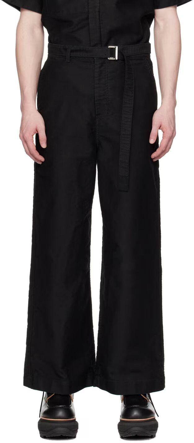 Sacai Black Wide-Leg Belted Cotton-Moleskin Trousers Size US 30 / EU 46 - 5 Thumbnail