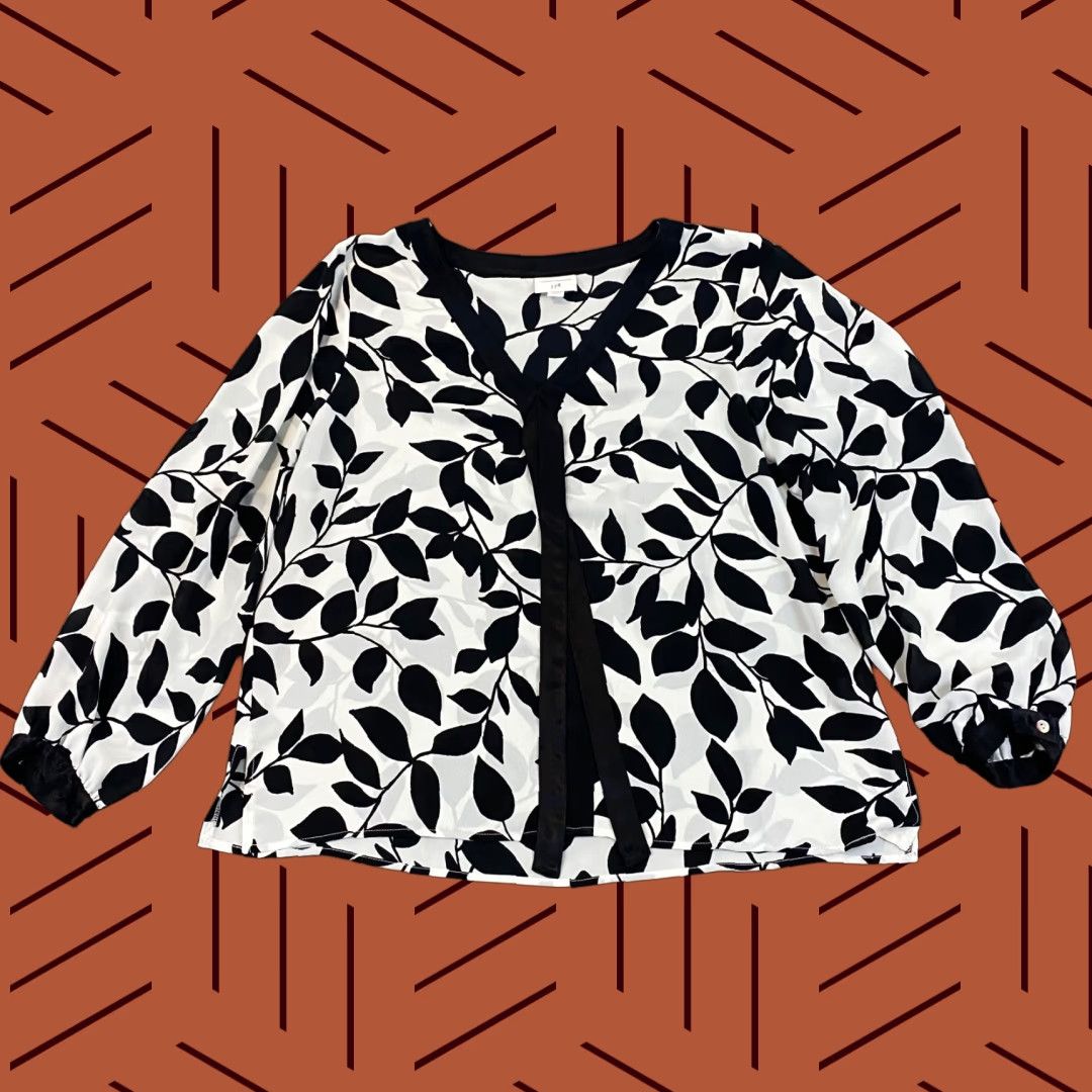 J. Jill Christian Siriano J. Jill Blouse Women LP Large Petite White Black Floral Career Size L / US 10 / IT 46 - 1 Thumbnail