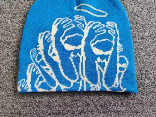 Japanese Brand Schematiquement Anxiety Graphic Beanie Hat Azure Blue Size ONE SIZE - 4 Thumbnail