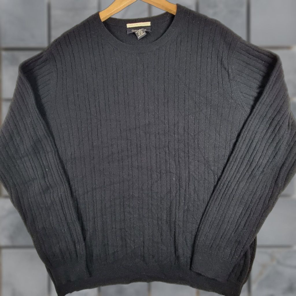 VINTAGE Black Ribbed Cashmere Sweater Glenn Hill Crewneck Pullover Men XL Casual Business Travel Party/Cocktail Womens? Wait.