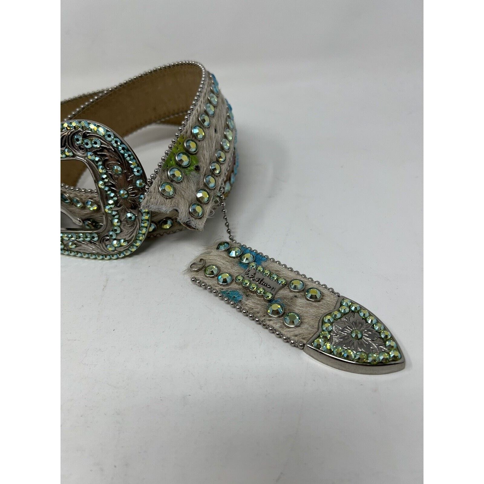 B.B. Simon BB Simon Cowhide Pony Hair Swarovski Crystal Studded Belt Size ONE SIZE - 2 Thumbnail