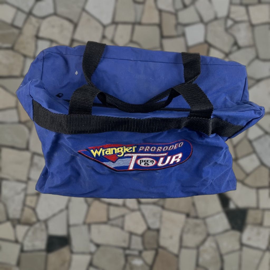 Vintage Wrangler Duffel Bag Medium Blue Canvas Pro Rodeo Tour Western Carry On Travel Mens