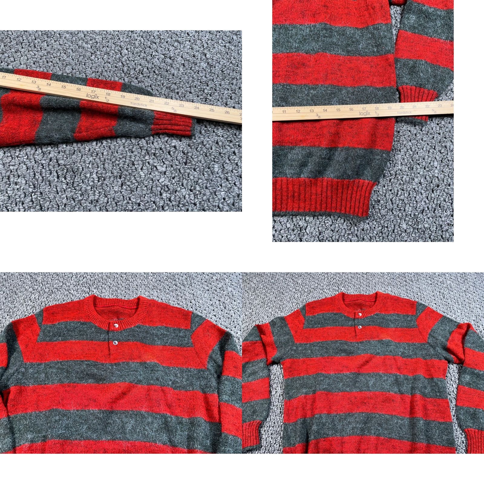 Vintage VTG Vintage Henley Sweater Adult Large Red Gray Striped Fuzzy Knit 90s Mens Pullover Knit Top Size US L / EU 52-54 / 3 - 8 Thumbnail