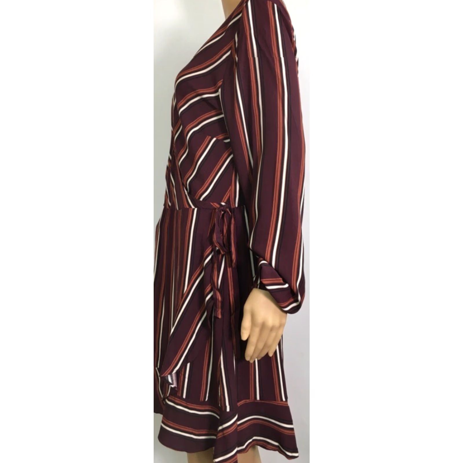 Vintage Xhilaration Dress Burgundy Stripe Asymmetric Ruffle Tie Snap L Womens Knee-Length Rayon Casual Wrap Dress New Size L / US 10 / IT 46 - 2 Thumbnail