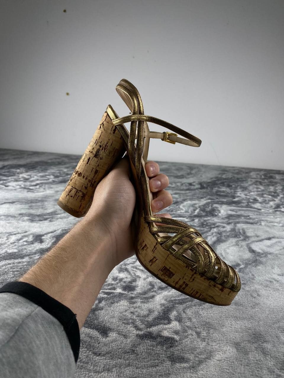 Prada Prada Metallic Gold Ankle Strap Cork Platform Block Heel Size US 8 / IT 38 - 11 Thumbnail