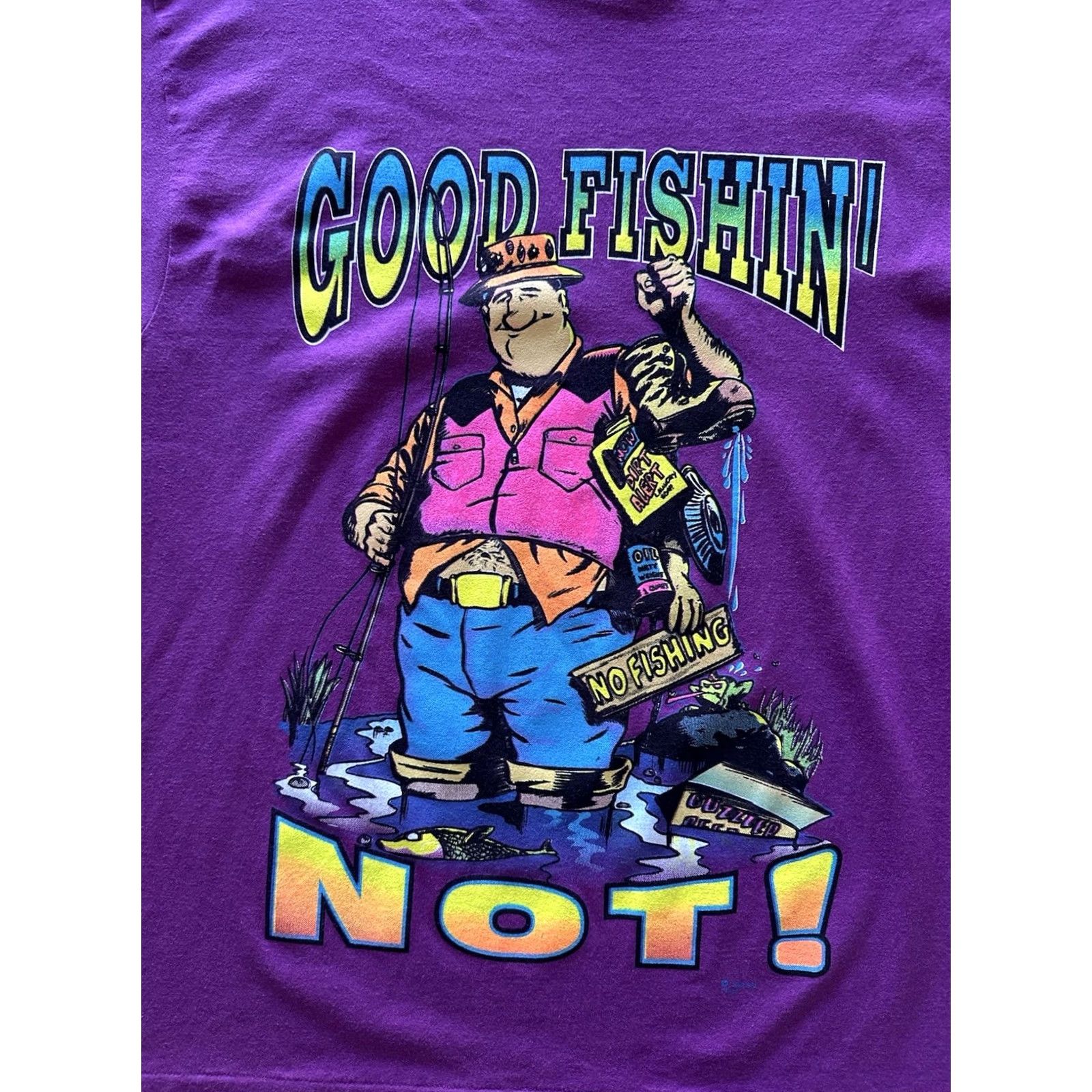 Vintage VINTAGE 90s Funny “Good Fishing…. NOT” T-Shirt Signal Sports Mens L Purple Single Stitch NWOT Size US L / EU 52-54 / 3 - 2 Thumbnail