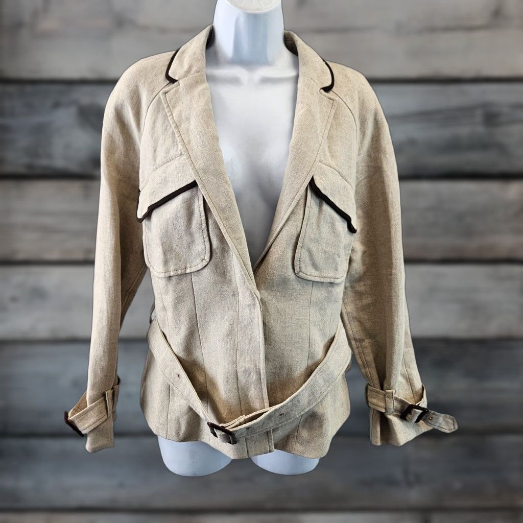Ann Taylor Ann Taylor LOFT Womens Jacket Sz 10 Beige Brown Linen Snap Buttons Belt Size L / US 10 / IT 46 - 1 Thumbnail