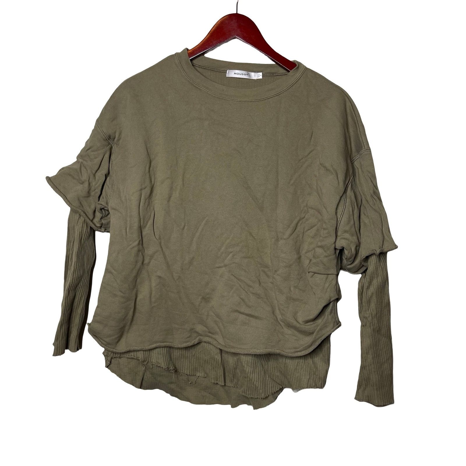 MOUSSY Moussy Layered Crew Neck Distressed Pullover Olive Green Size ONE SIZE - 1 Thumbnail