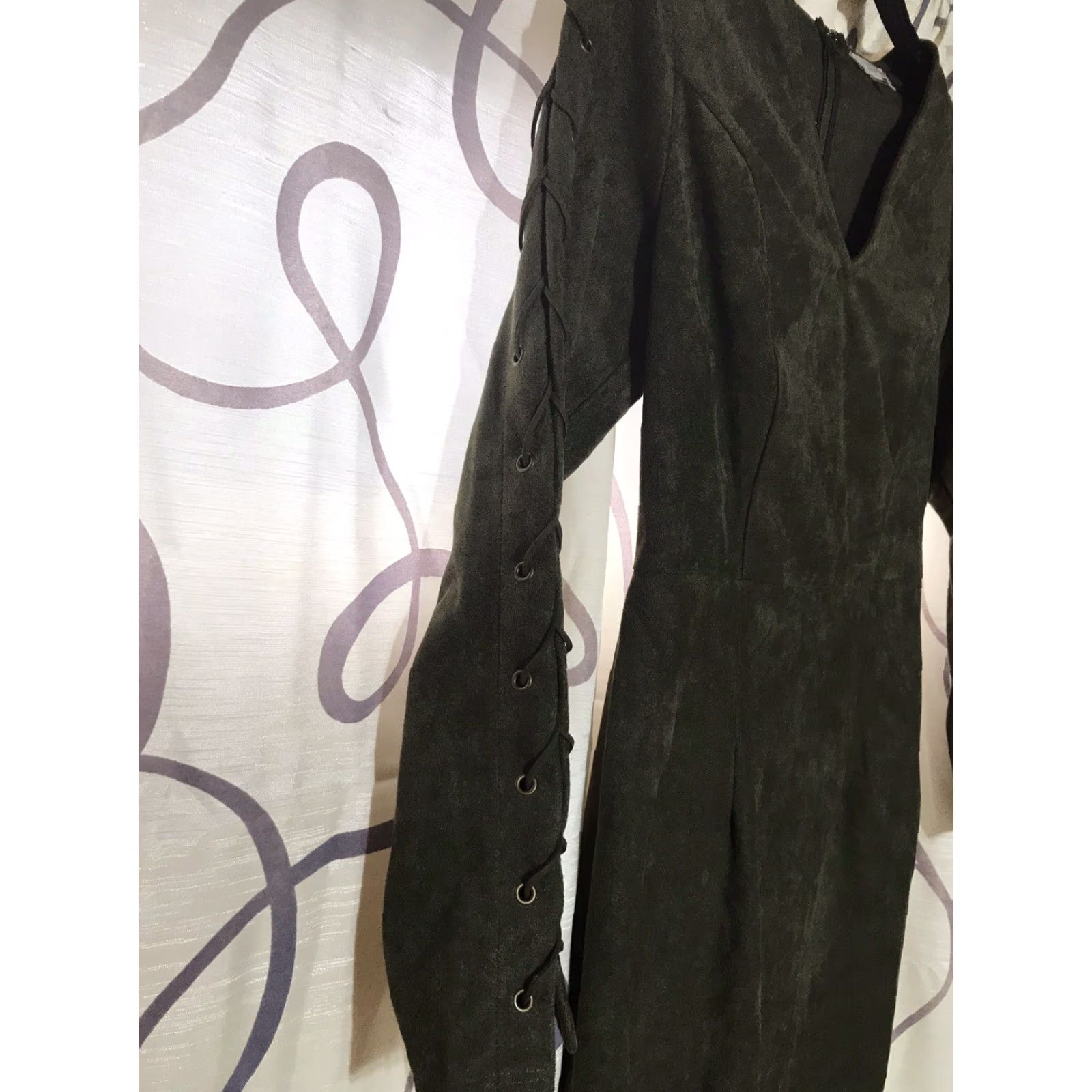 Vintage GB Women’s Short Faux Suede Dress with Leather Tie Straps V-Neck OTG Rockabilly Fall Winter S Size S / US 4 / IT 40 - 2 Thumbnail