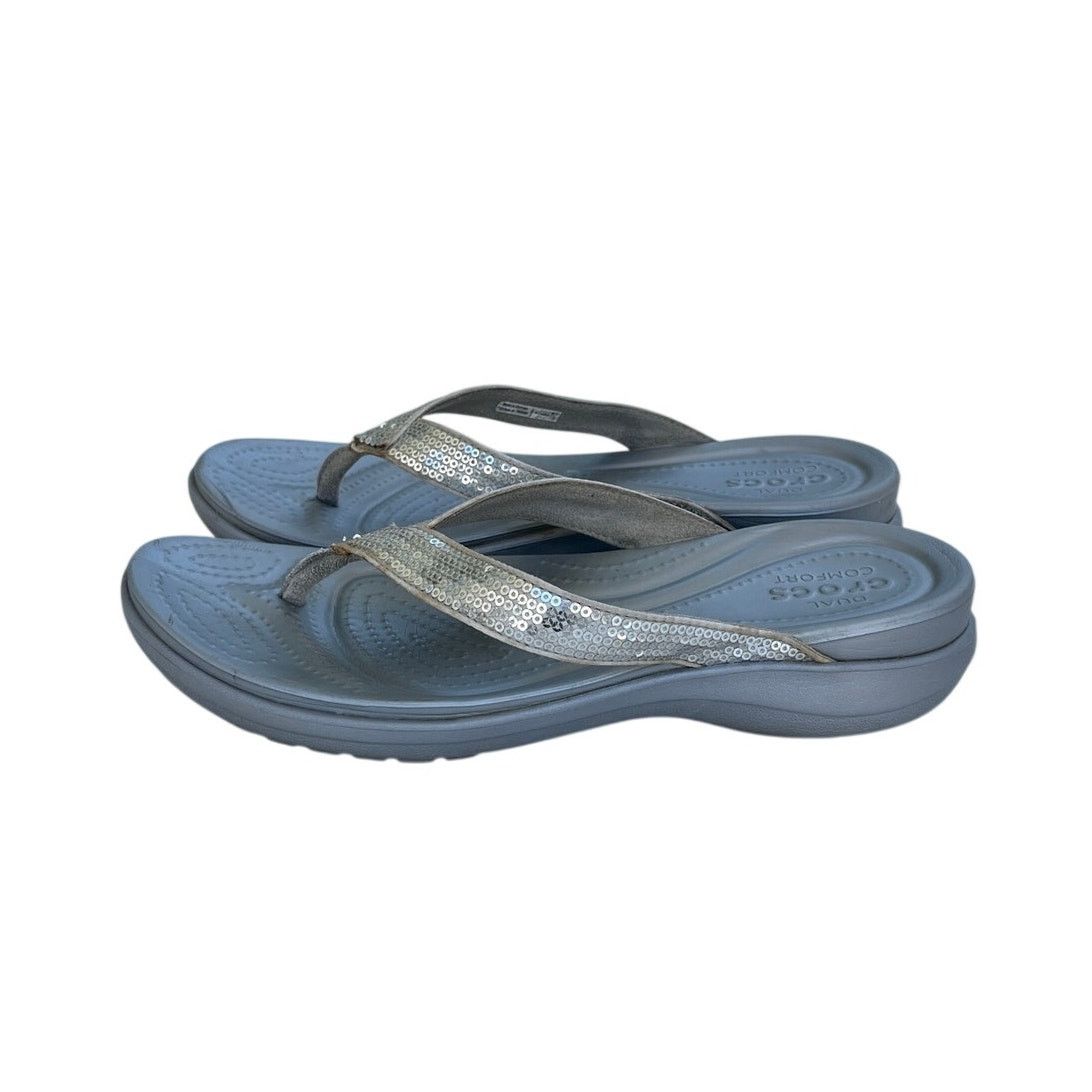 Crocs Womens Crocs Capri V Sequin Flip Flops Sandals Size 9 Silver Size US 9 / IT 39 - 1 Thumbnail