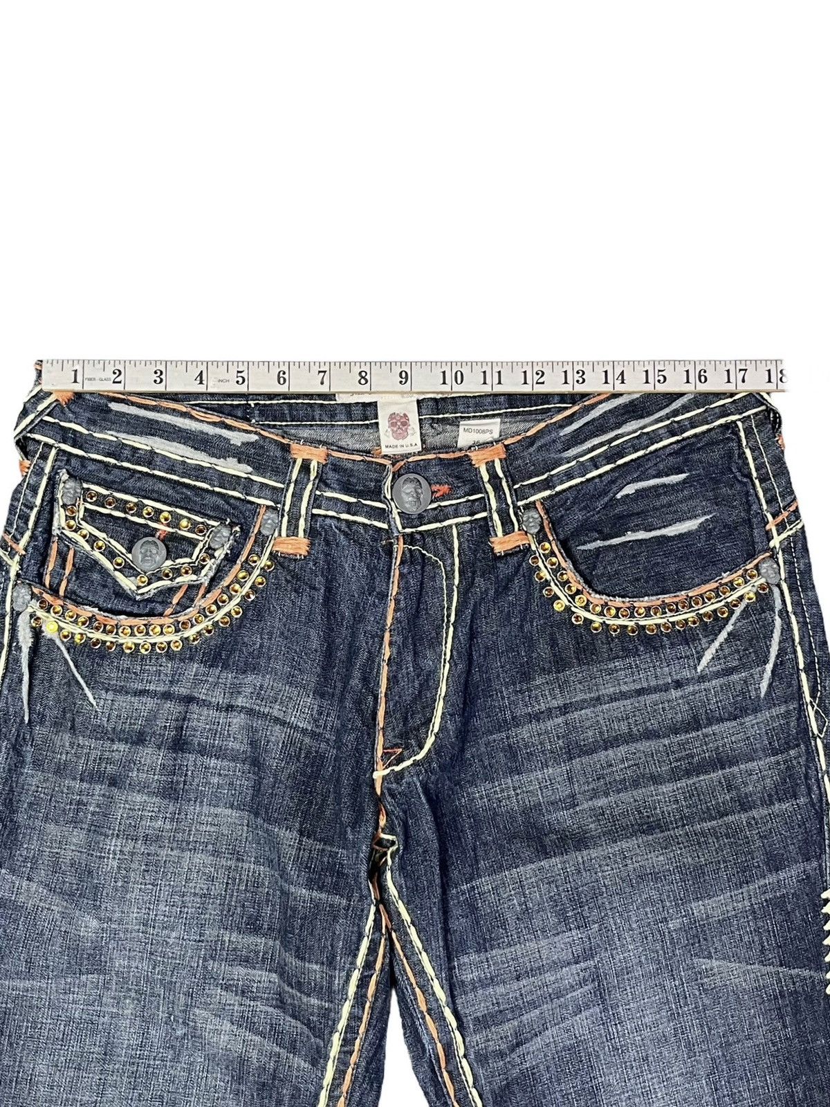Vintage LAGUNA BEACH Big Stitch Gemstone Studded Skull Button Denim Size US 35 - 21 Thumbnail