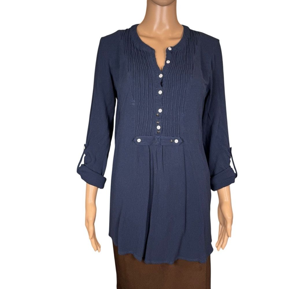 Free People Vintage Free People Pintuck Henley Roll Tab Blue Tunic Size Size M / US 6-8 / IT 42-44 - 1 Thumbnail