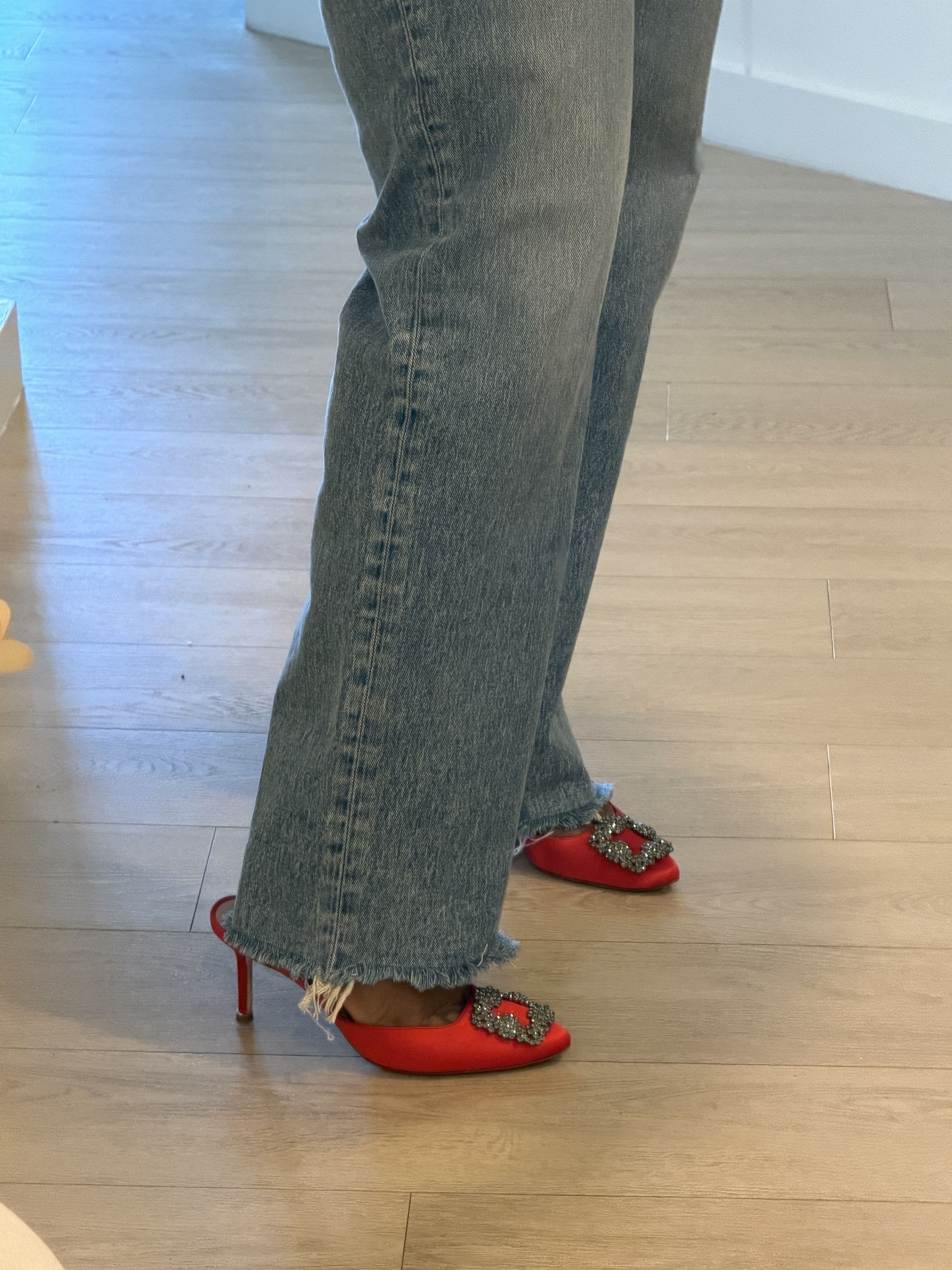 Manolo Blahnik Manolo Blahnik - HANGISIMU, Red Satin Jewel Buckle Mules Size US 7.5 / IT 37.5 - 8 Thumbnail