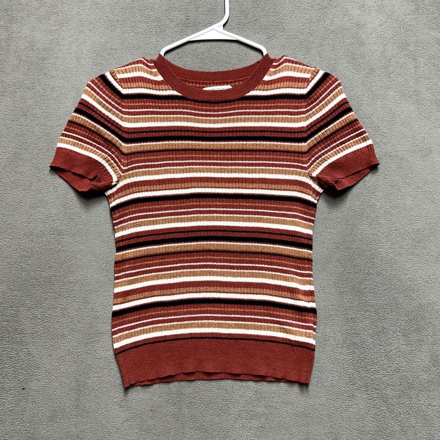 American Eagle Outfitters American Eagle Outfitters Shirt Womens Small Red Multi-stripe Fitted Ribbed T-Shirt Stretch Size S / US 4 / IT 40 - 2 Thumbnail