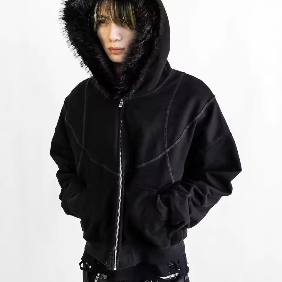 Other Fashion Y2K Retro Ins Fur Hat Patchwork Striped Zip Hoodies Size US S / EU 44-46 / 1 - 3 Thumbnail