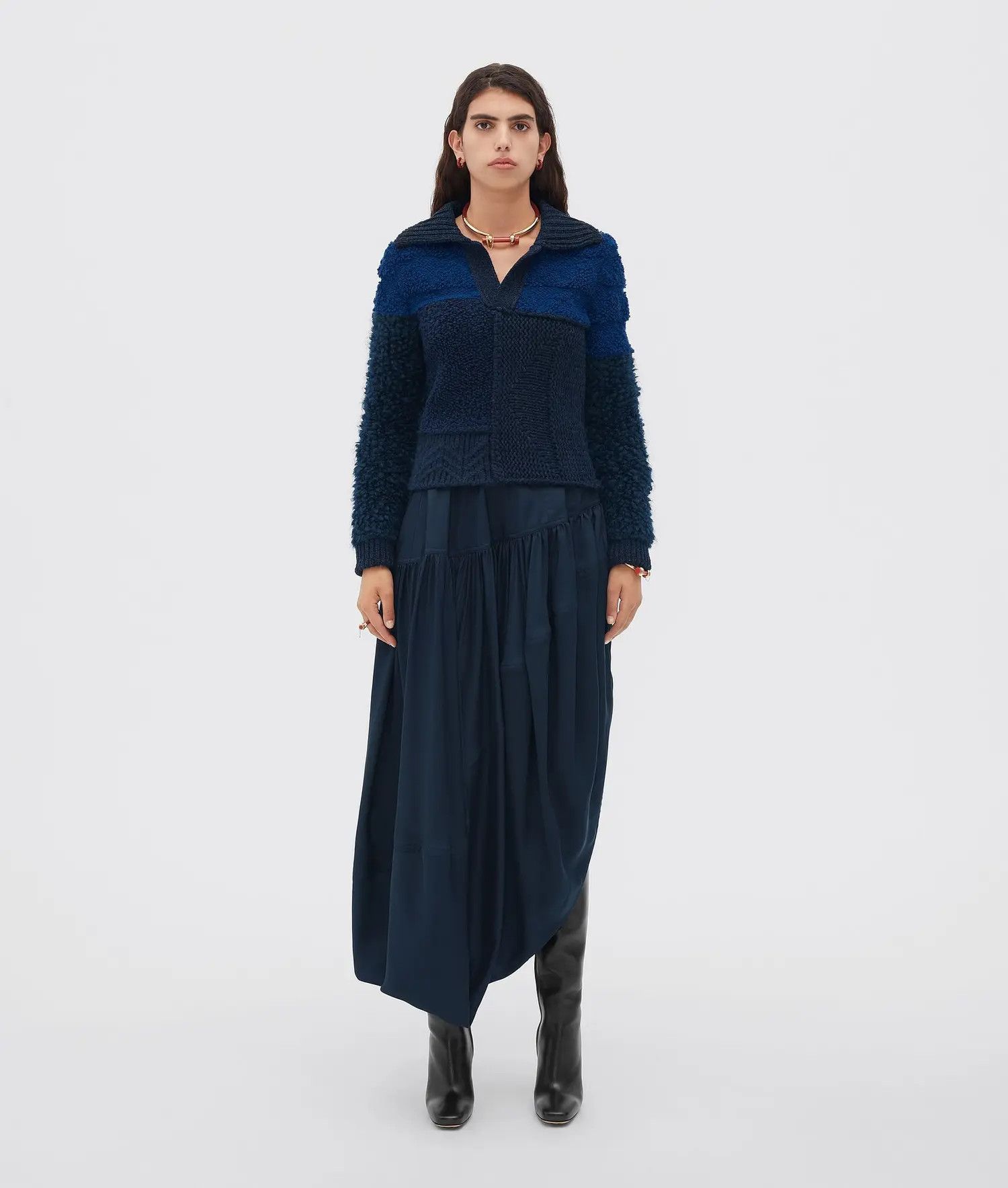 Bottega Veneta o1loc1c0824 720813 Patchwork Wool Jumper in Navy Blue Size XS / US 0-2 / IT 36-38 - 1 Thumbnail