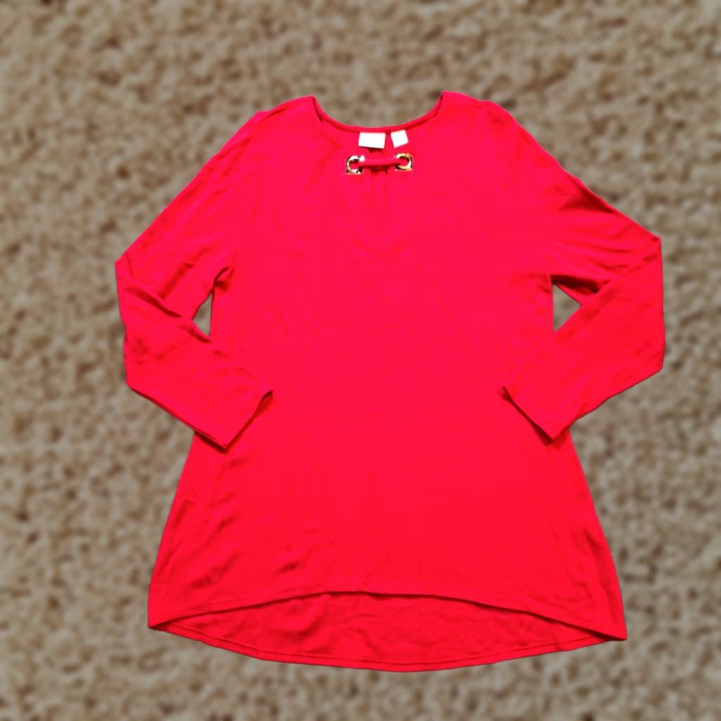 Vintage Chicos Blouse Shirt Women L Red Long Sleeve Tunic Jersey Knit Stretch Basic Casual Size L / US 10 / IT 46 - 1 Thumbnail