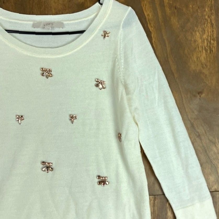 Ann Taylor Ann Taylor LOFT Womens Sweater Cream Gold Jeweled Wool Blend M 3/4 Sleeve Long Sleeve Pullover Casual Workwear Womens Size M / US 6-8 / IT 42-44 - 5 Thumbnail