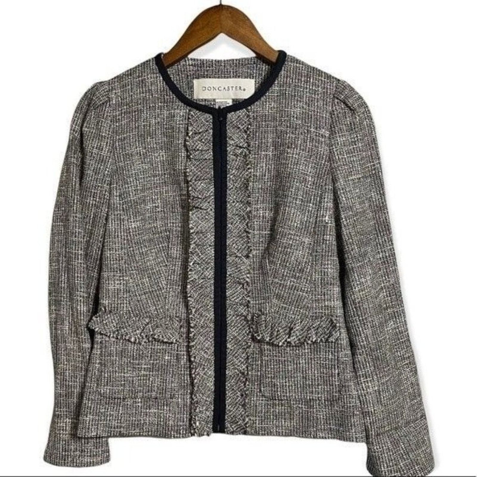 & Other Stories Doncaster Tweed Jacket Small Navy Trim Ruffle Fringe Blazer Size S / US 4 / IT 40 - 2 Thumbnail