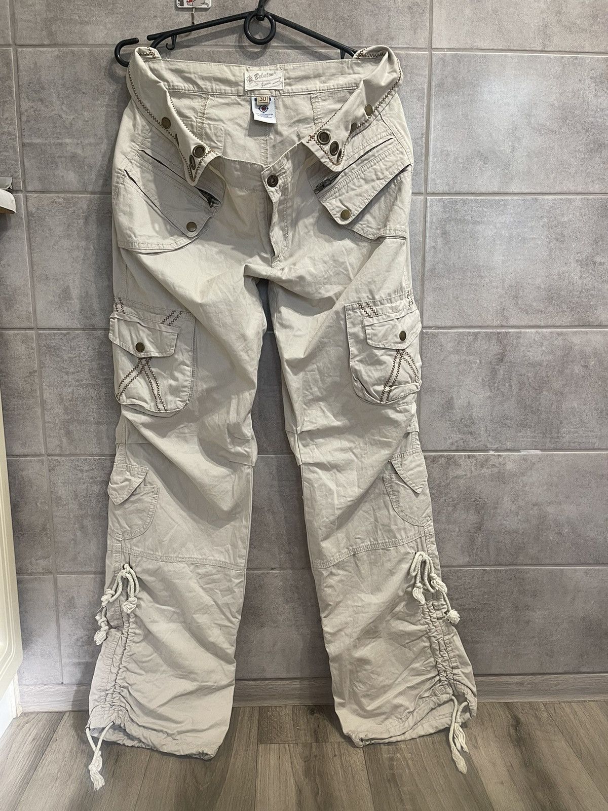 image of Designer Boluton Japanese Gybrid Reconstructed Cargo Pants Size 30 in Beige, Women's