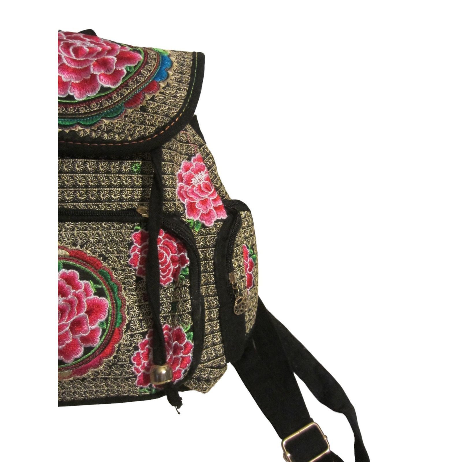 Vintage Boho Embroidered Floral Backpack Black Red Rose Folk Size ONE SIZE - 4 Thumbnail