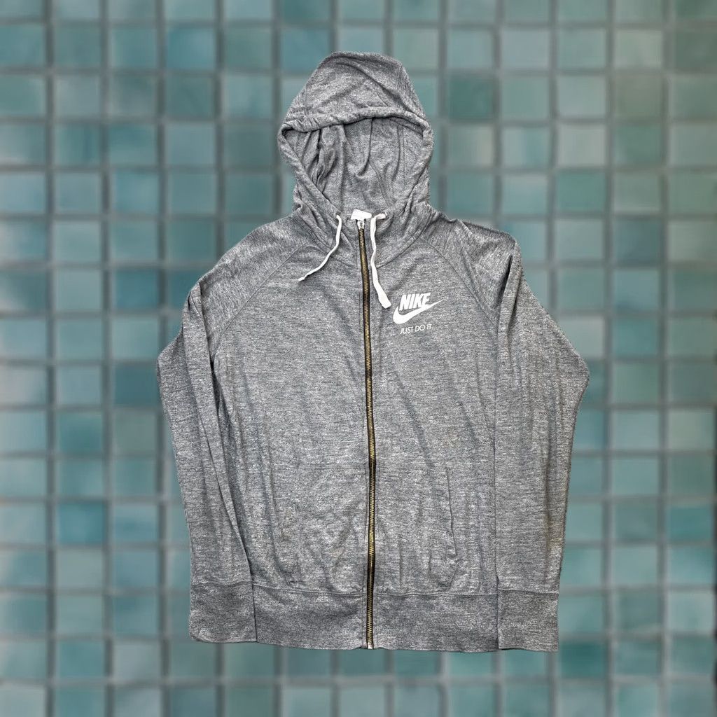 Nike Nike Hoodie Womens L Gray Heather Just Do It Slogan Organic Cotton Full Zip Logo Pockets Modern 90s Activewear Mens? Womens Size L / US 10 / IT 46 - 1 Thumbnail